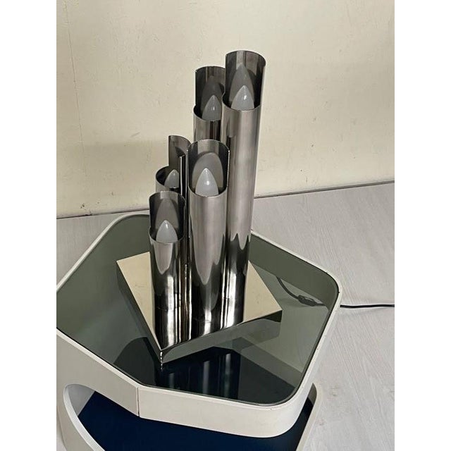 Extraordinary Italian table lamp from the 1970s, designed by VM Designer. This sculptural piece features five chromed...