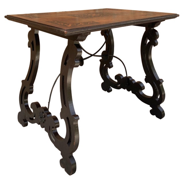 Spanish Early 19th Century Baroque Side Table with Lyre Legs and Marquetry Top For Sale - Image 10 of 18
