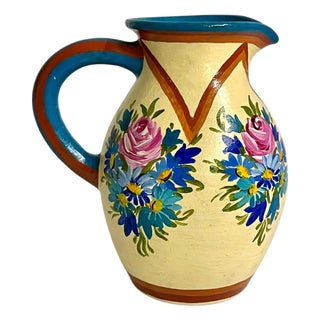 Vintage Colonia Tovar Hand-Painted Floral Clay Pitcher, Venezuelan Folk Art For Sale