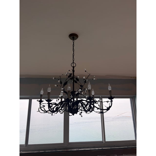 French Country Currey & Company "Crystal Bud" Chandelier Pair — Cupertino Bronze, 8-Light + 6-Light, Discontinued For Sale - Image 3 of 5