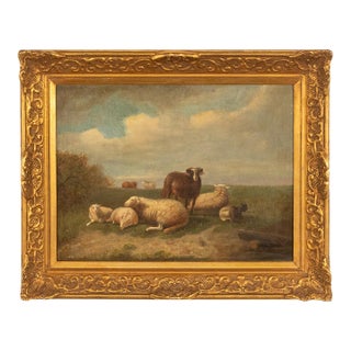19thC Belgian Realist Pastoral Oil Canvas Landscape Painting Ram Sheep & Goat Laurent De Beul 1870 For Sale