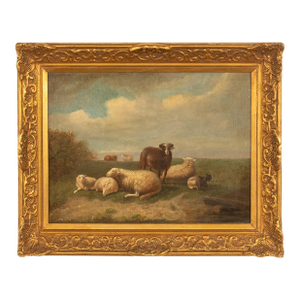 19thC Belgian Realist Pastoral Oil Canvas Landscape Painting Ram Sheep & Goat Laurent De Beul 1870
