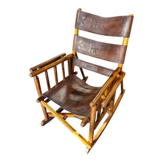 Wooden and Leather Handmade Rocking Chair With Costa Rica Birds Design For Sale