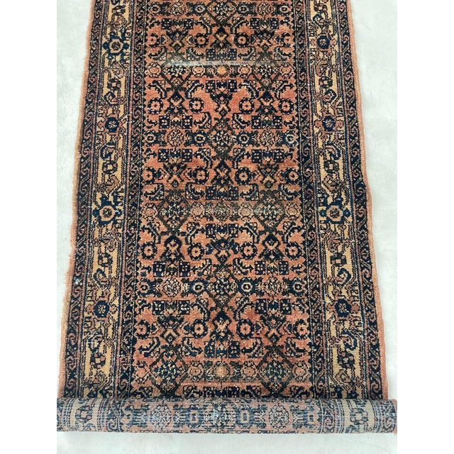 1940s Coral & Glowinng Blush with Indigo & Army Green Runner Rug 2.8 x 19.7 For Sale In Milwaukee - Image 6 of 12
