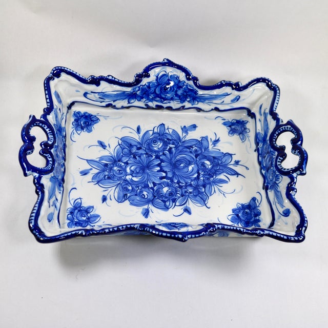 Ceramic Mid 20th Century Vestal Alcobaca Portugal Blue and White Floral Handled Ceramic Serving Tray For Sale - Image 7 of 16