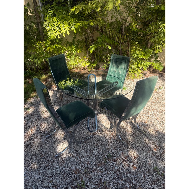 Vintage 1970s Glass & Chrome Dining Set With Hunter Green Cantilever Chairs For Sale In Miami - Image 6 of 16