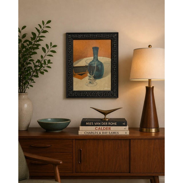 1961 Mid-Century Modern Still Life With Blue Glass Bottle, Signed For Sale - Image 4 of 12
