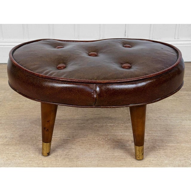 1950s Mid-Century Button Tuft Brown Vinyl Kidney Footstool Ottoman For Sale - Image 5 of 10