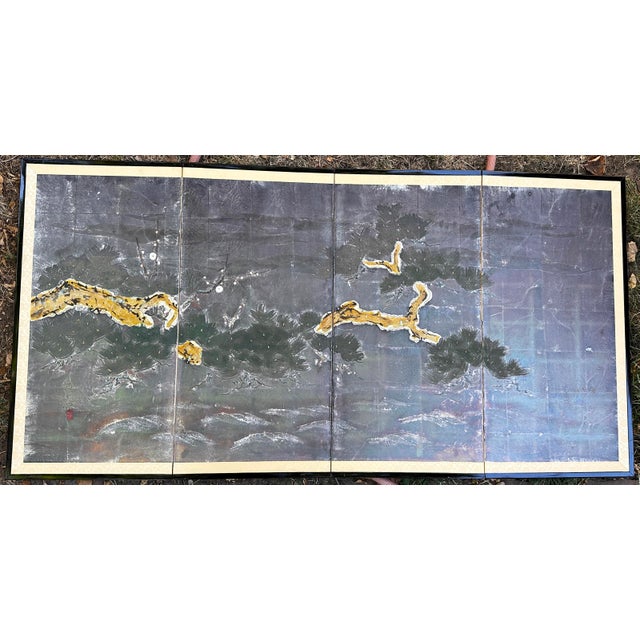 Japanese Vintage Japanese Four-Panel Hand-Painted Silver Leaf Pine Tree Folding Screen For Sale - Image 3 of 16