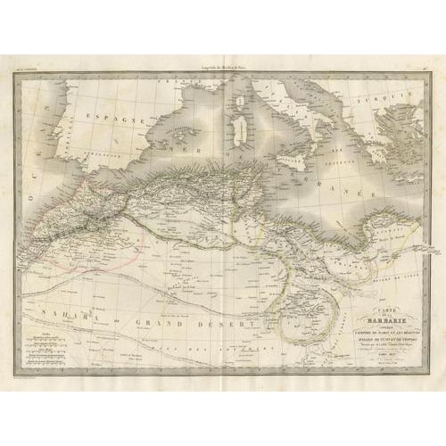 Barbary coast north africa map, morocco algeria tunisia libya, lapie 1838 : a finely detailed and visually striking 19th-...
