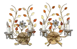 1940s Baguès Style Floral Gilt Metal Wall Sconces - a Pair