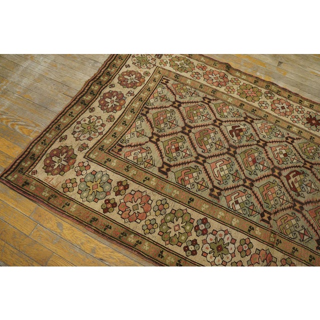 1900s Green Asparagus Diamond Antique Caucasian Karabagh Rug 3'6" X 7'2" Handknotted Wool Carpet For Sale In New York - Image 6 of 9