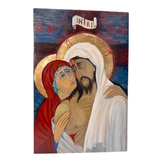 Vintage Original Gold Leaf Russian Icon Mary Jesus Pieta Oil Painting on Wood For Sale