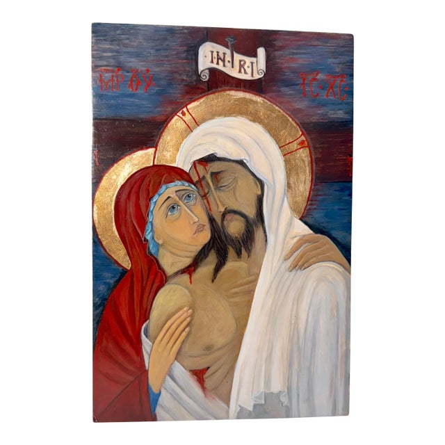 Vintage Original Gold Leaf Russian Icon Mary Jesus Pieta Oil Painting on Wood For Sale