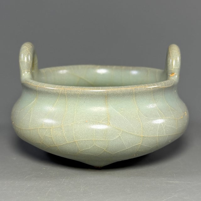 Chinese Antique Chinese Official‑Style Celadon Tripod Censer With Loop Handles For Sale - Image 3 of 7