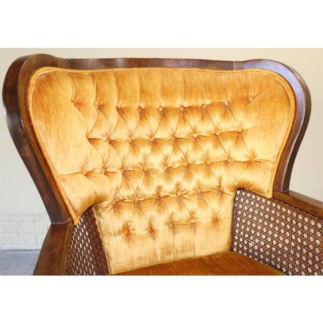 Pair of Monumental 1970s Cane and Gold Velvet Horseshoe Wingback Chairs For Sale - Image 6 of 17