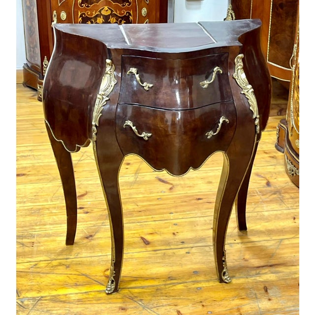 French-Style Two-Drawer Cabinet – Sculpted Wood Design With Gold Leaf Details & Marble Top For Sale - Image 4 of 4