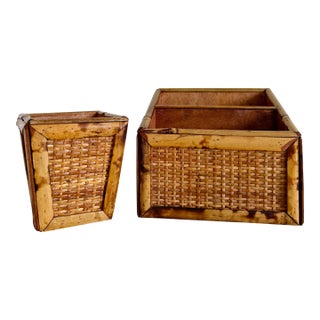 Rattan Bamboo Desk Accessory Set Pen Holder Letter File For Sale
