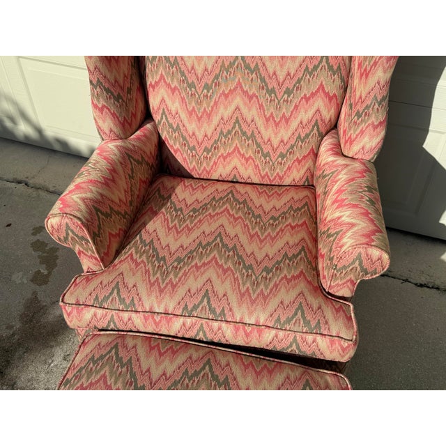 Vintage American Flamestitch Wingback Chair + Ottoman For Sale - Image 11 of 11