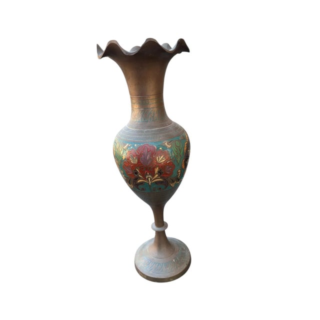Brass 1960s Brass Engraved Painted Vase Scalloped Edge (M) For Sale - Image 8 of 8