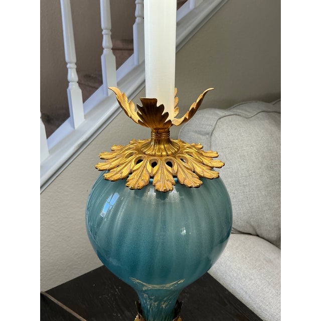 Mid 20th Century Regency Style Desk Lamp W/ Murano Blue Swirled Opalescent Glass For Sale - Image 4 of 6