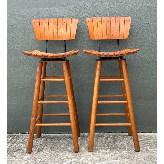 Chocolate Vintage MCM Slat Swivel Bar Stools After Arthur Umanoff For Sale - Image 8 of 12