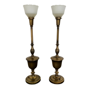 Vintage Rembrandt-Style Brass Torchiere Table Lamps - Set of 2