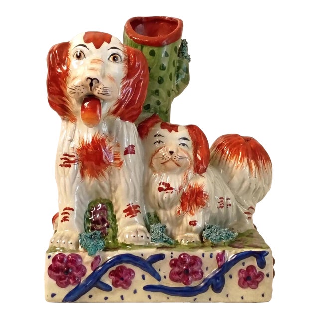 Antique Staffordshire Dog Spill Vase With Cactus King Charles Spaniels | Rare Large Slip Cast Mold | Hand Painted Victorian Era Decor For Sale