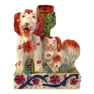 Antique Staffordshire Dog Spill Vase With Cactus King Charles Spaniels | Rare Large Slip Cast Mold | Hand Painted Victorian Era Decor
