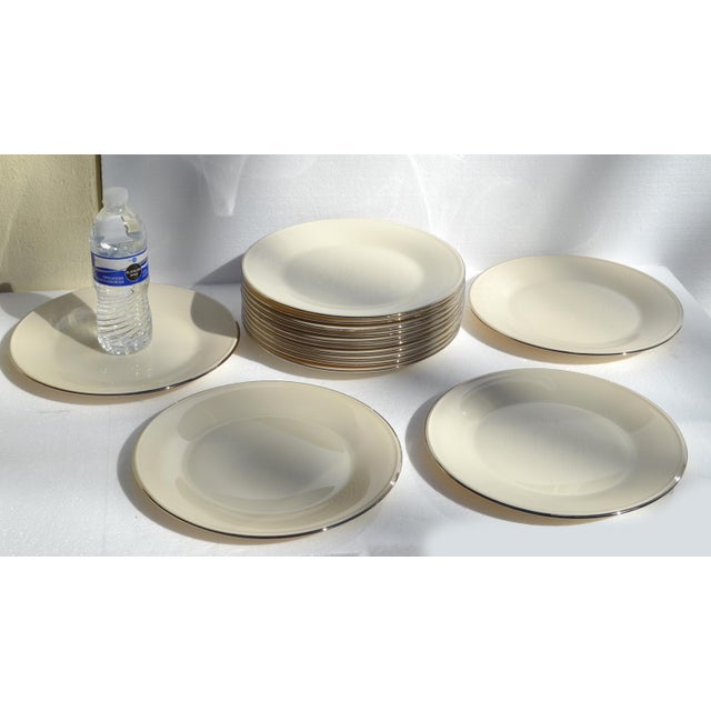 1980s Vintage Lenox Special Porcelain Beige Dinner Plates Silver Trim - Set of 14 For Sale - Image 5 of 16