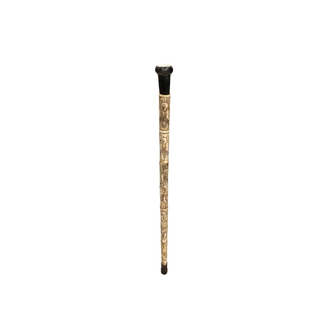 Wood Vintage Chinese Monk Lohon Engraved Motif Bone Color Resin Inset Walking Stick For Sale - Image 7 of 12