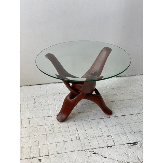 Wood Vintage Mid-Century Interlocking Teak Tripod Base Table With Glass Top, Circa 1970s For Sale - Image 7 of 12