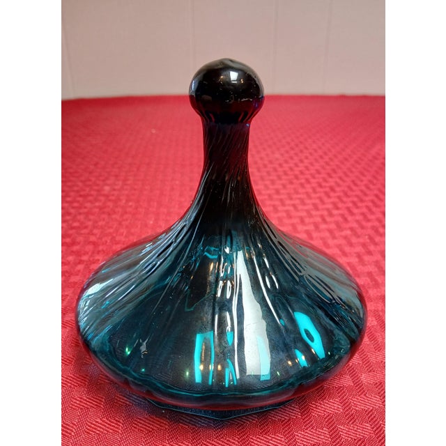 Mid-Century Modern 20thC. MCM Empoli Turquoise Optic Ribbed Glass Apothecary Jar, With Pedestal Base and Circus Tent Lid For Sale - Image 3 of 8