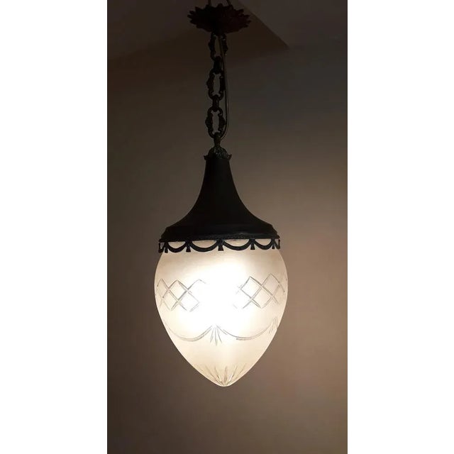 Large Art Nouveau Ceiling Lamp with a Drop-Shaped Grated Glass Screen on Brass Mount, 1890s For Sale - Image 6 of 7