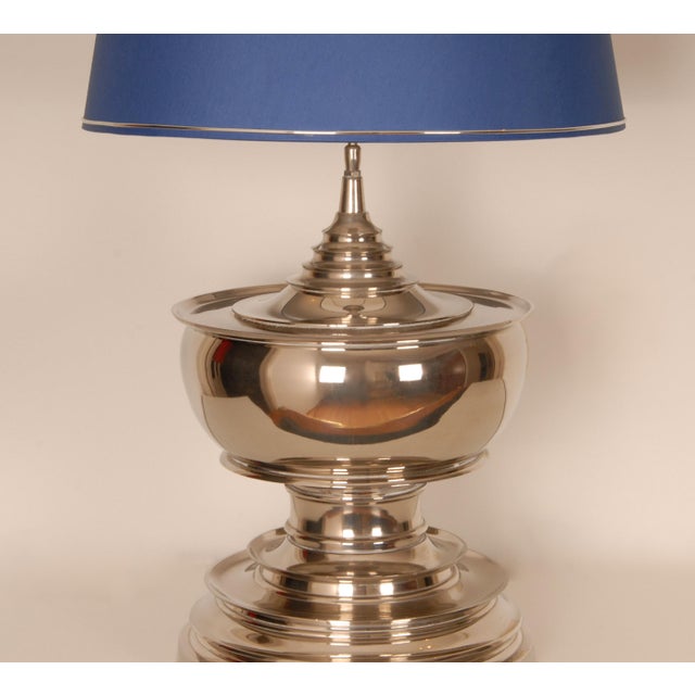 Mid-Century Modern Vintage Chrome Table Lamps Tall Silver and Royal Blue Modern Vase Lamps Set of 2 For Sale - Image 3 of 11