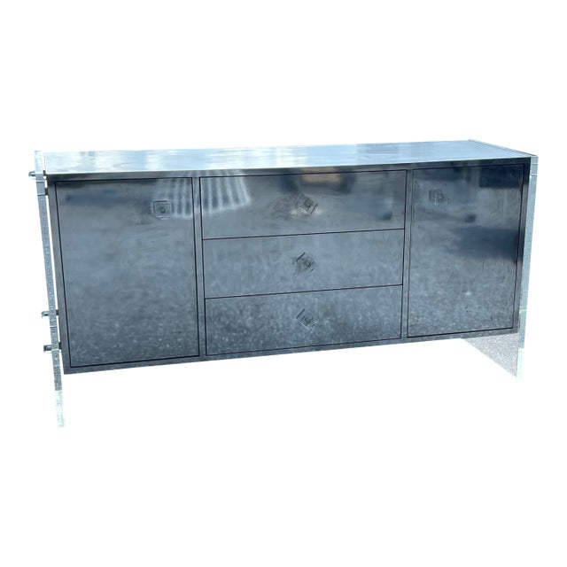 Lucite and Chrome Mirror Credenza, Mid-Century Modern Milo Baughman Style Floating Lucite Sideboard, Lucite Dresser For Sale