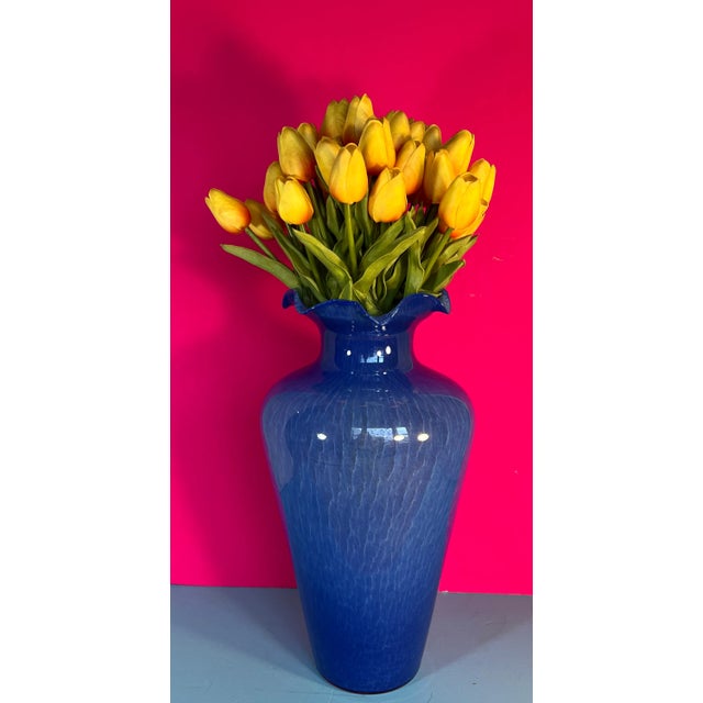 Murano Blue Ruffled Art Glass Vase For Sale - Image 9 of 12