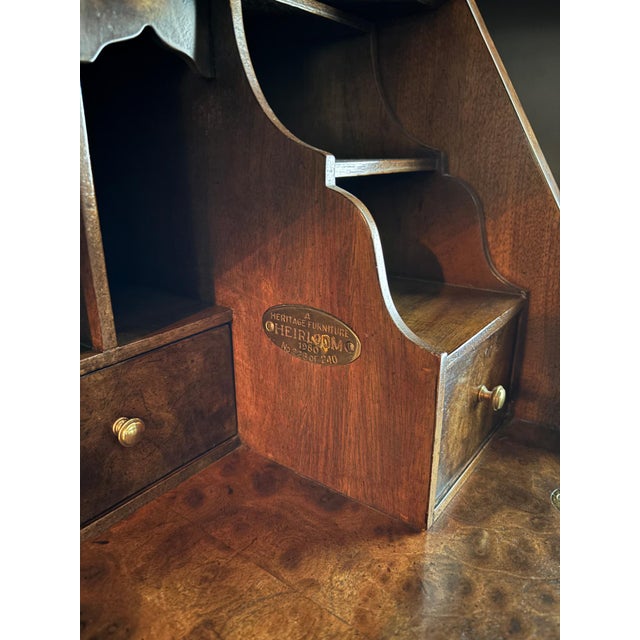 1980s Heritage Heirloom Chippendale Style Burled Walnut Bombe Secretary Desk Bookcase For Sale - Image 9 of 10