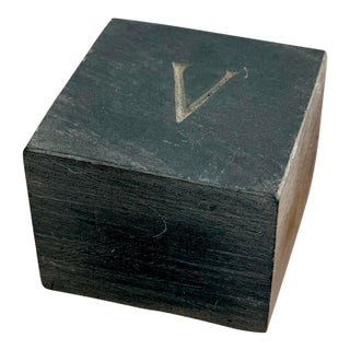 Modern Slate Stone Paperweight Cube With Initial “V” For Sale