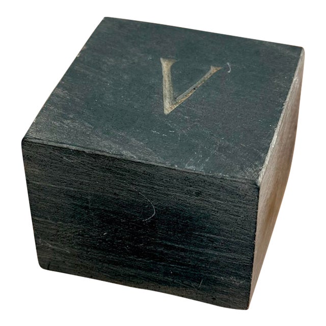 Modern Slate Stone Paperweight Cube With Initial “V” For Sale