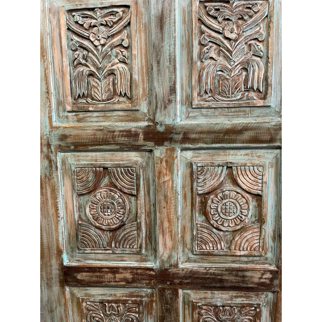 1920s Vintage Green Artisan Carved Door – Reclaimed Wood Barn Door Wall Panel 80x36 For Sale - Image 5 of 8
