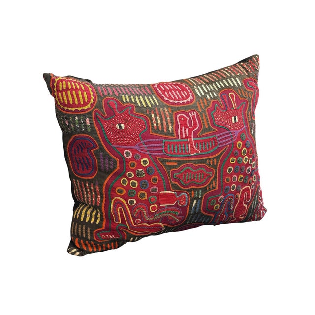 Boho Chic Kuna Mola Hand Sewn Textile Folk Art Embroidered Colorful Throw Pillow 18" For Sale - Image 3 of 5
