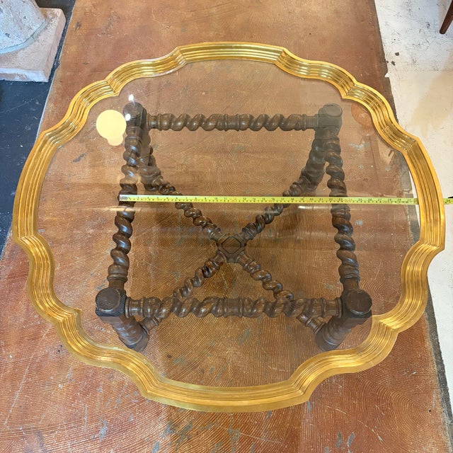 Baker Attributed Regency-Style Coffee Table Features a Distinctive Scalloped Brass Tray Top and a Barley Twist Oak Base For Sale - Image 9 of 12