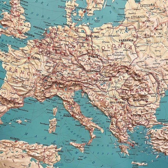 Modern Italian Topographic Geographical Map in Wood Frame of Europe, 1950s-1990s For Sale - Image 3 of 16