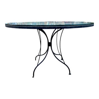 1970s Mid-Century Modern Woodard Style Black Wrought Iron Mesh and Glass Patio Dining Table For Sale