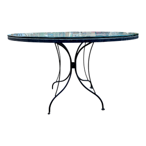1970s Mid-Century Modern Woodard Style Black Wrought Iron Mesh and Glass Patio Dining Table