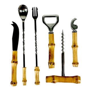 1970s Vintage Hollywood Regency Coastal Boho Chic Bamboo & Stainless Steel Bar Utensil Set - Set of 6 For Sale