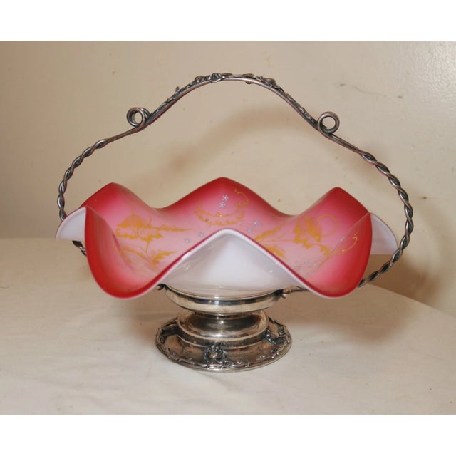 Victorian Antique Ornate Silverplate Enameled Glass Centerpiece Footed Fruit Bowl Compote For Sale - Image 3 of 12