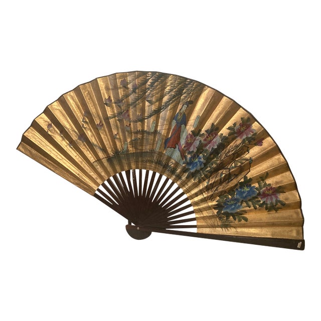 Mid Century Monumental Hand-Painted Figural Chinoiserie Wall Fan: Woman in Garden For Sale