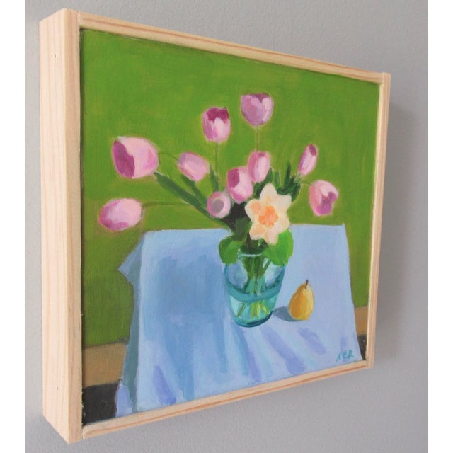 Soft pink tulips, a single daffodil and a yellow pear. This painting is 6 x 6 inches, acrylic on primed wood panel,...
